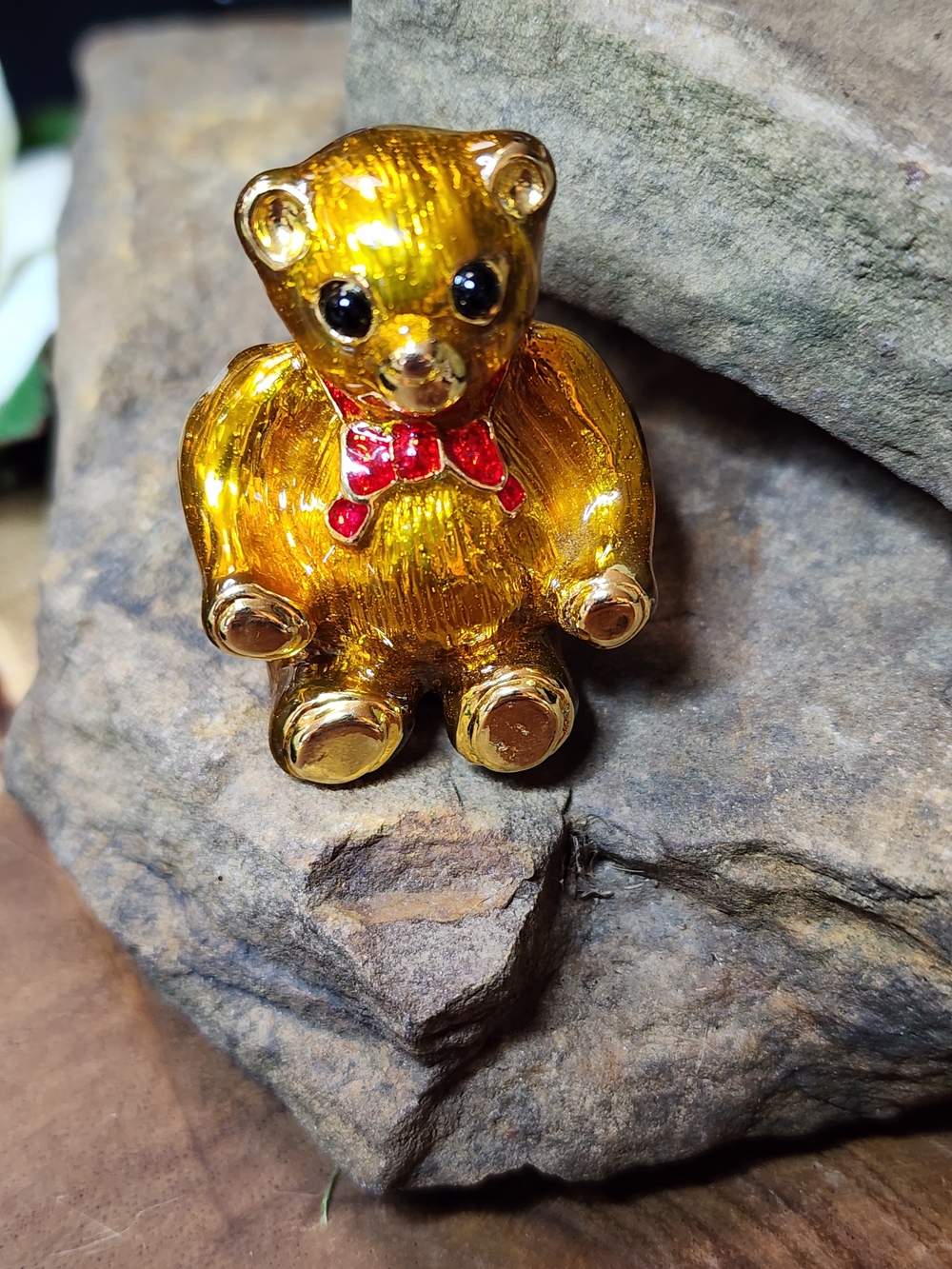 Vintage Signed Mike & Ally Gold-tone Teddy Bear Trinket Box with Red Bow Accent
